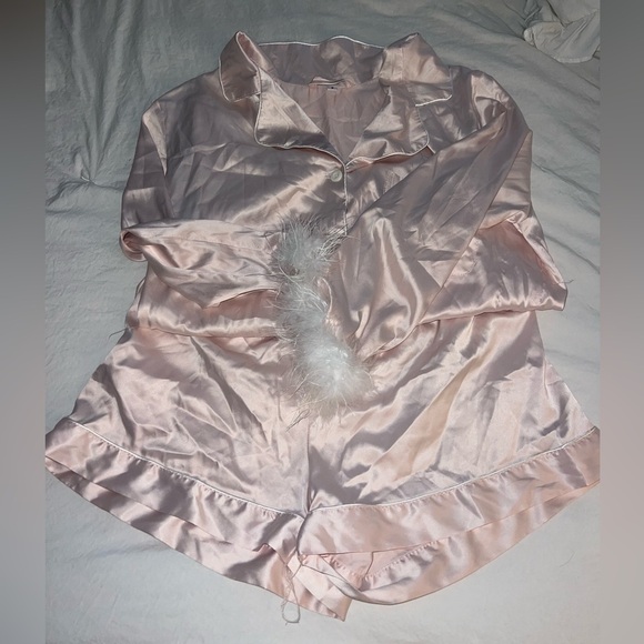 Light Pink Feather Satin Pajama short set - Picture 1 of 5